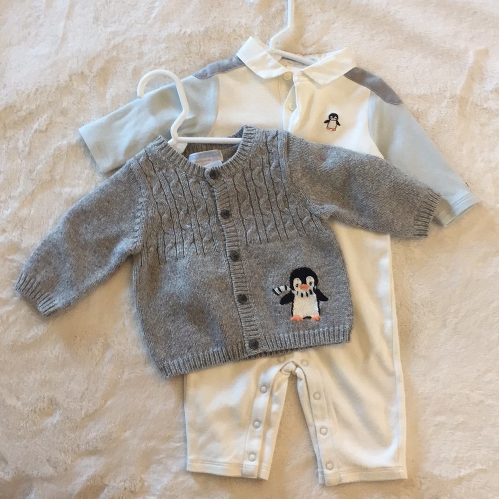 Janie & Jack penguin sweater & one piece 0-3 mth
